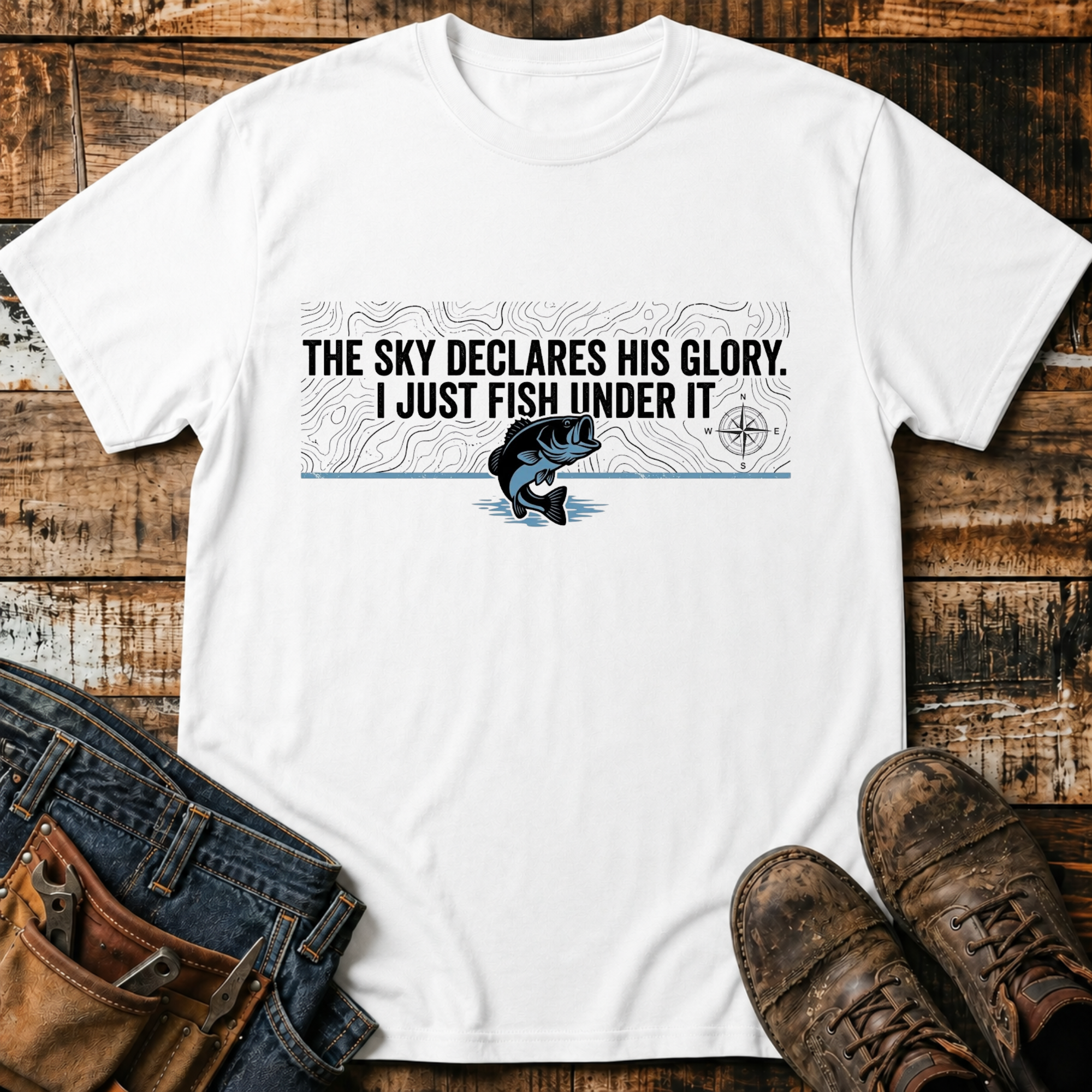The Sky Declares His Glory, I Just Fish Under It T-Shirt