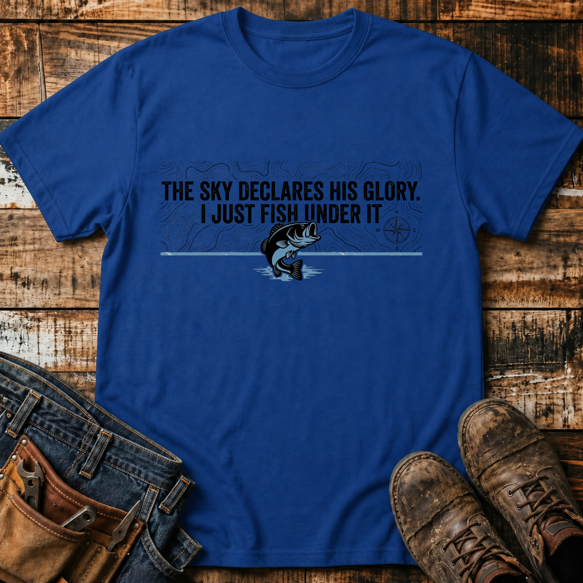 The Sky Declares His Glory, I Just Fish Under It T-Shirt