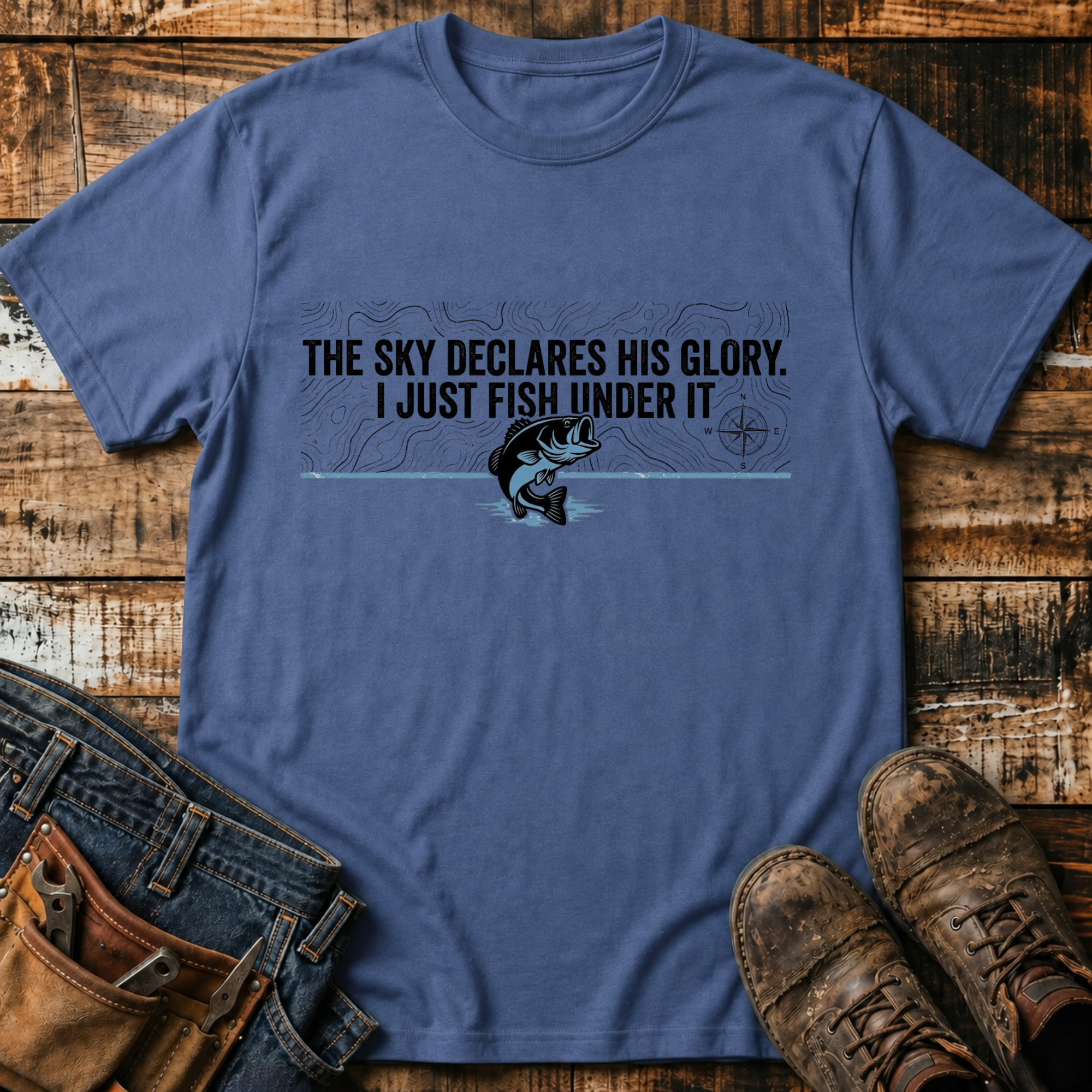 The Sky Declares His Glory, I Just Fish Under It T-Shirt