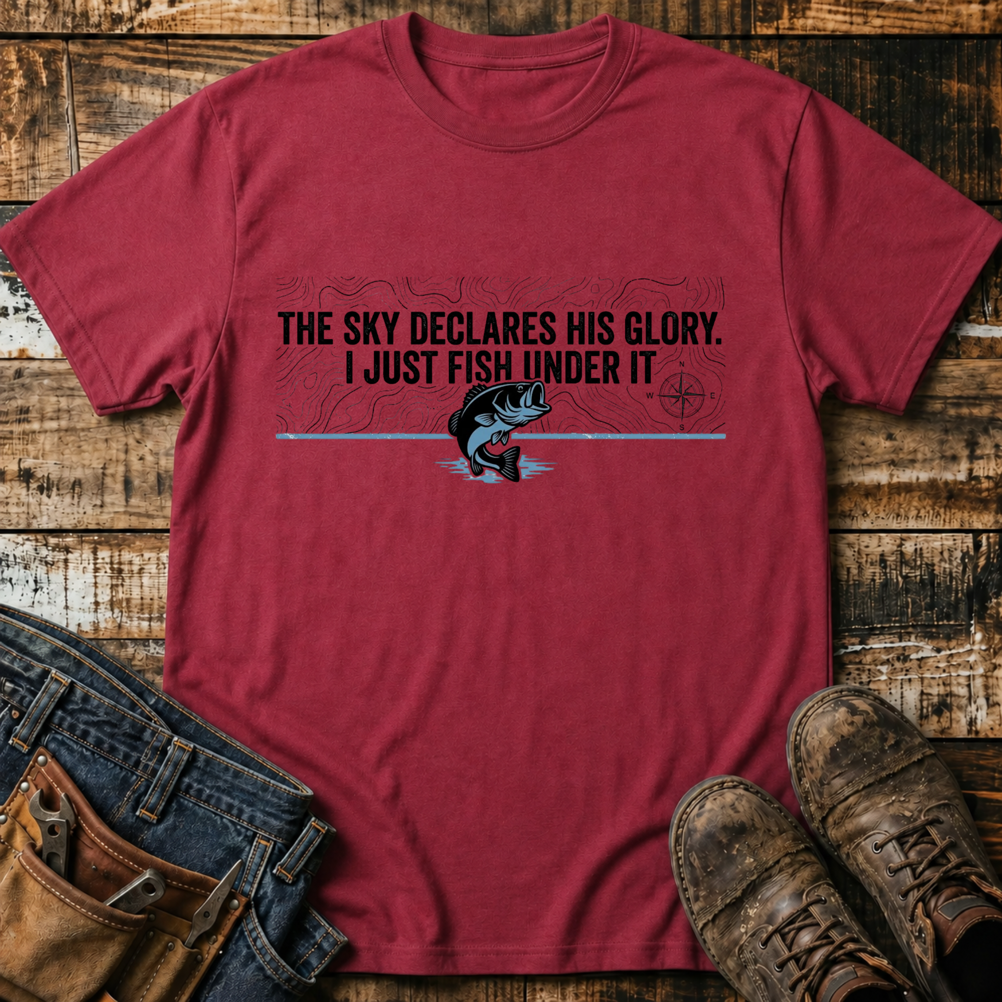 The Sky Declares His Glory, I Just Fish Under It T-Shirt