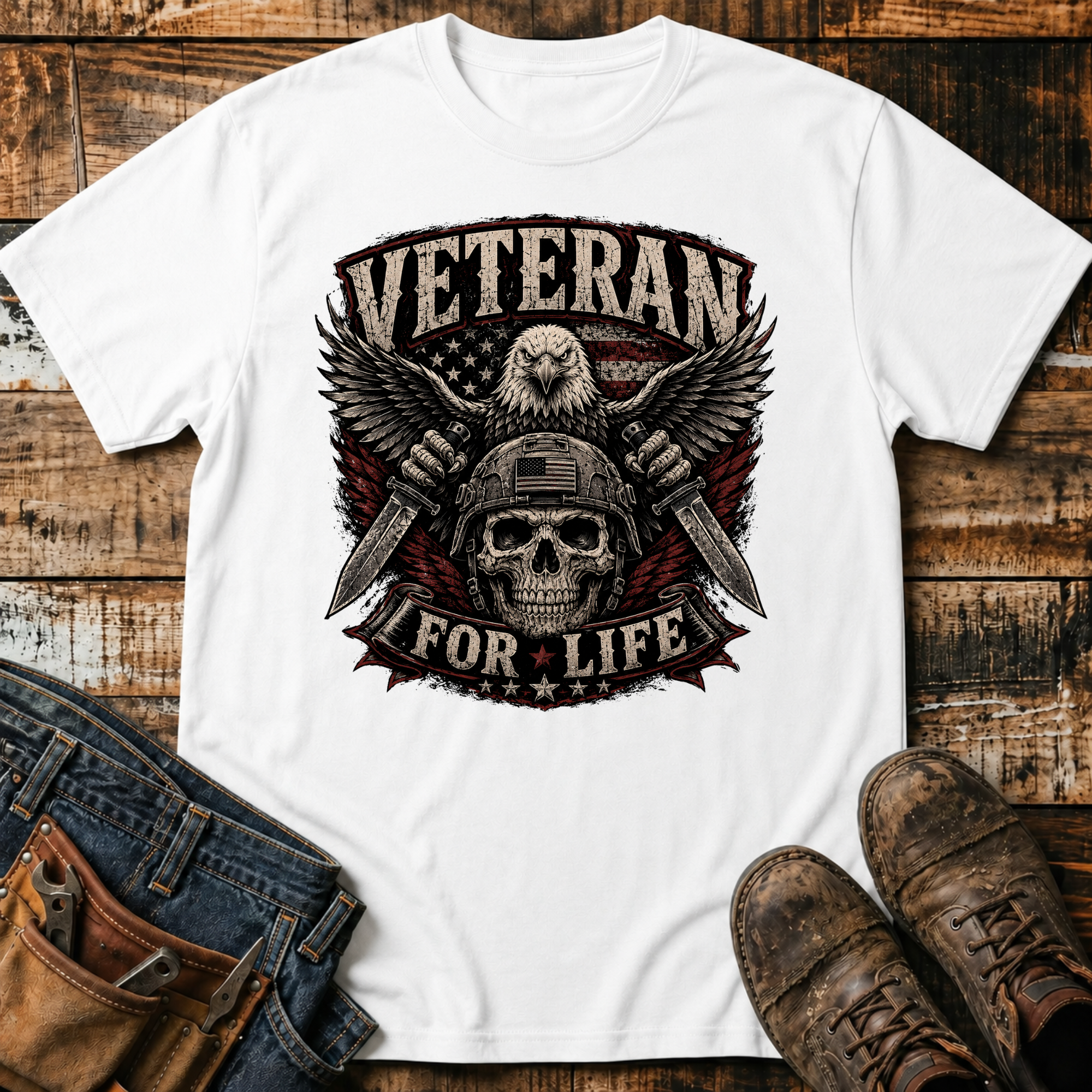 Veteran For Life Skull T-Shirt
