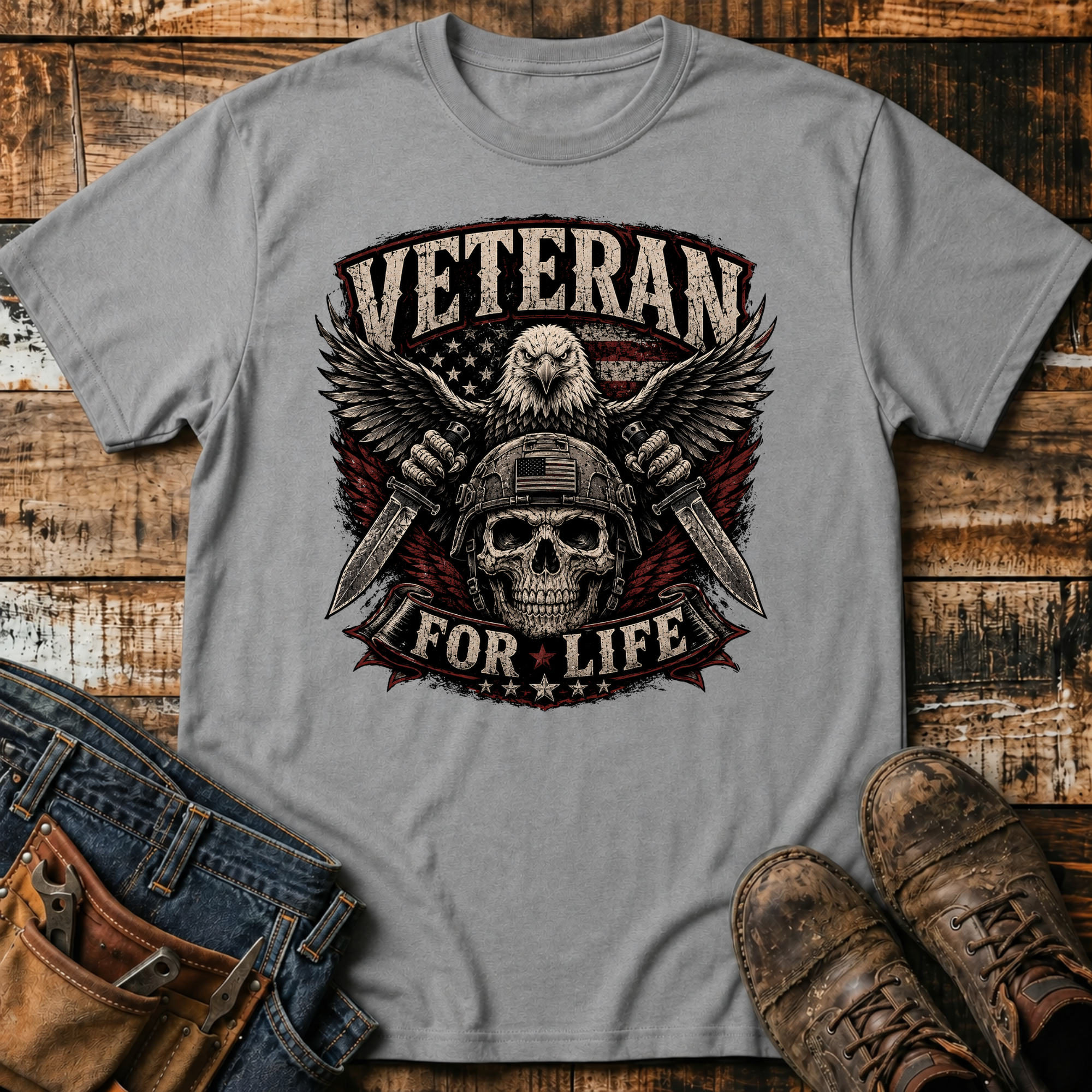 Veteran For Life Skull T-Shirt