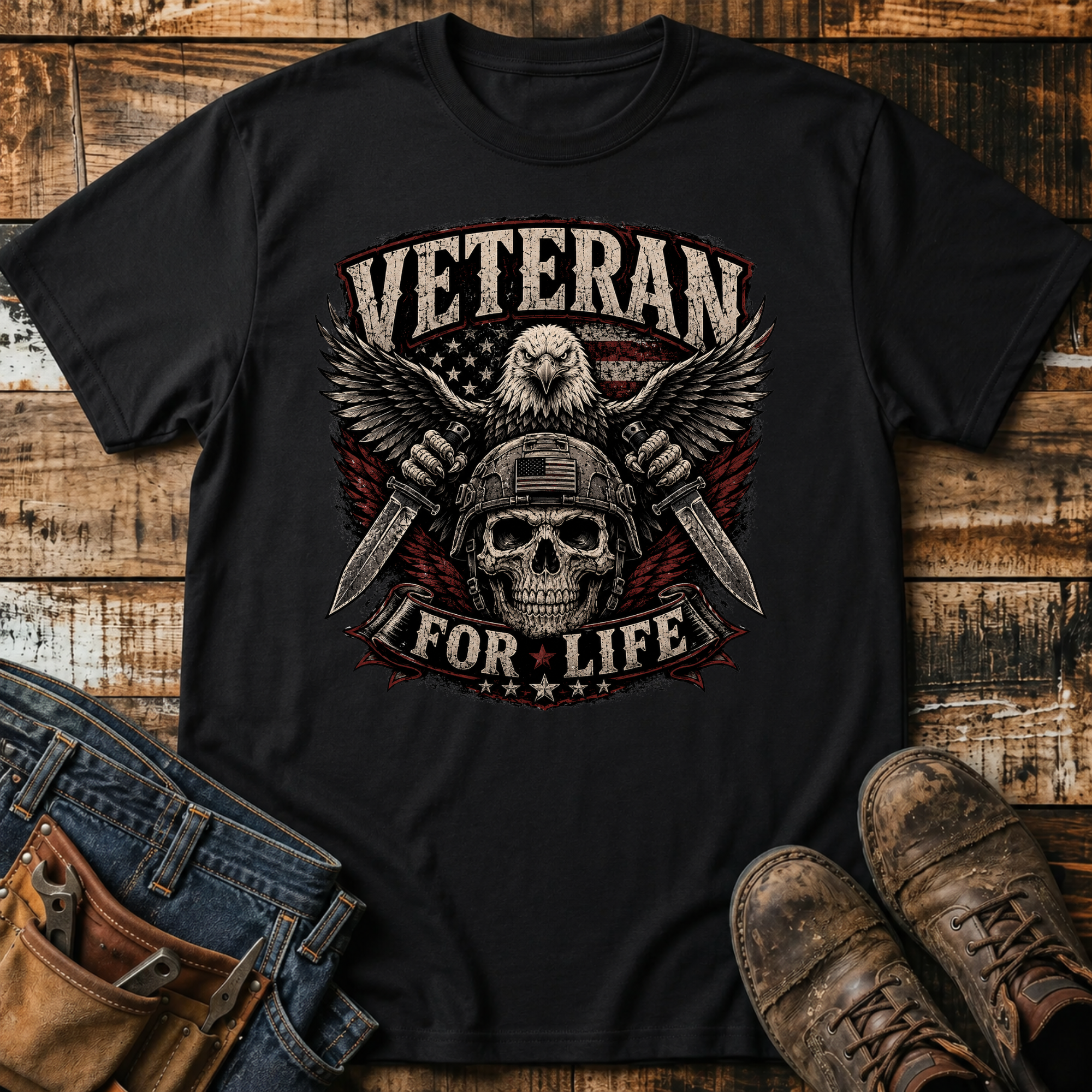 Veteran For Life Skull T-Shirt