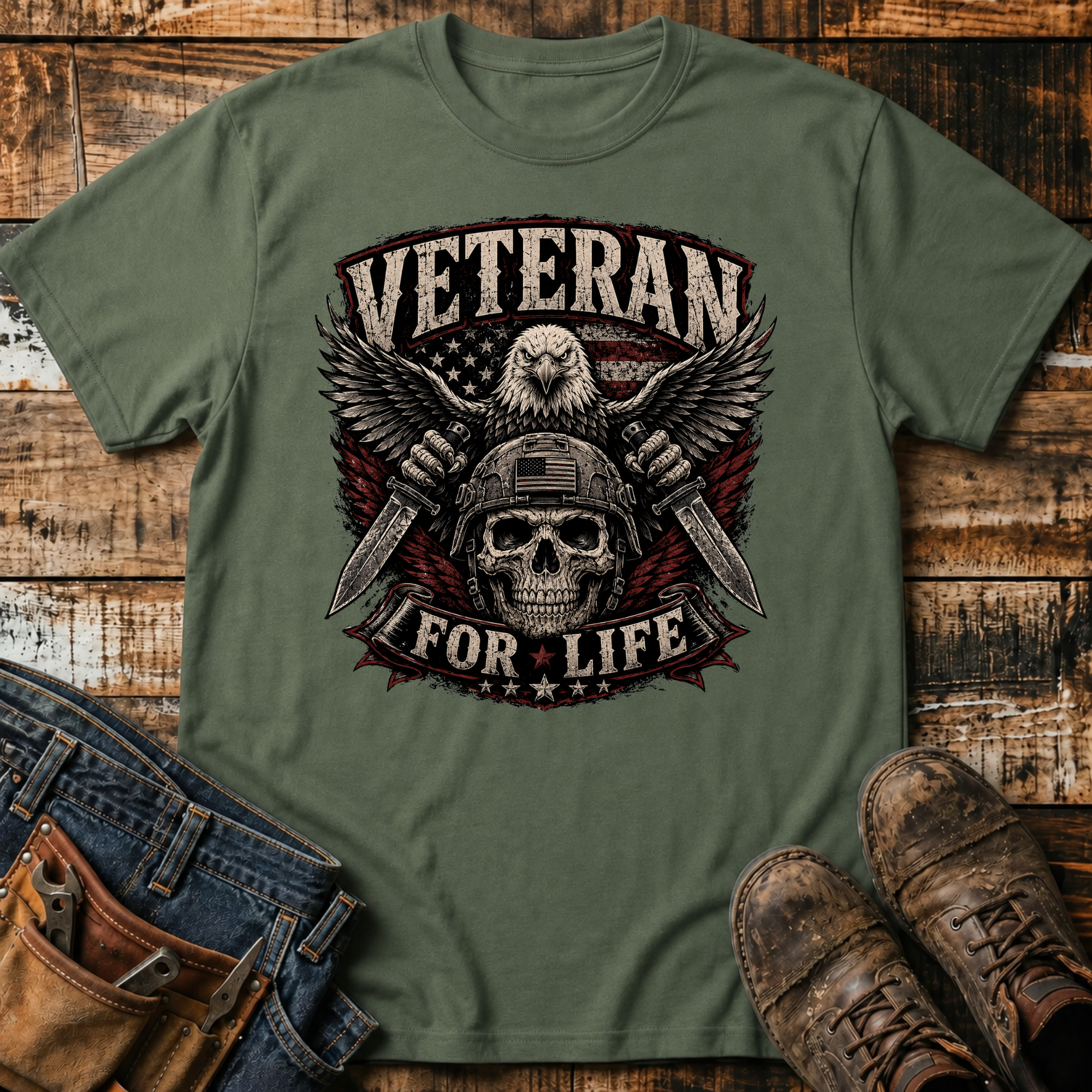 Veteran For Life Skull T-Shirt