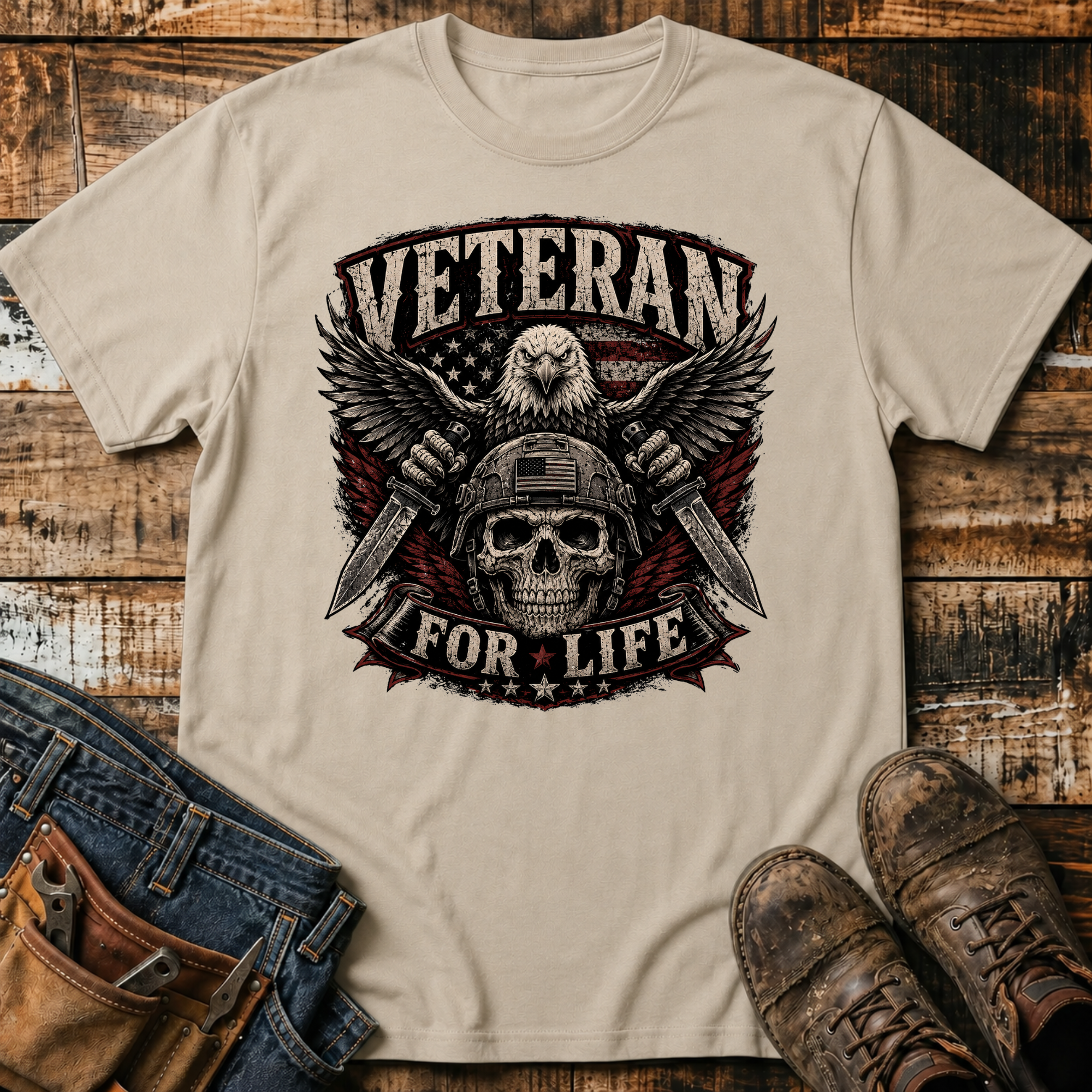 Veteran For Life Skull T-Shirt