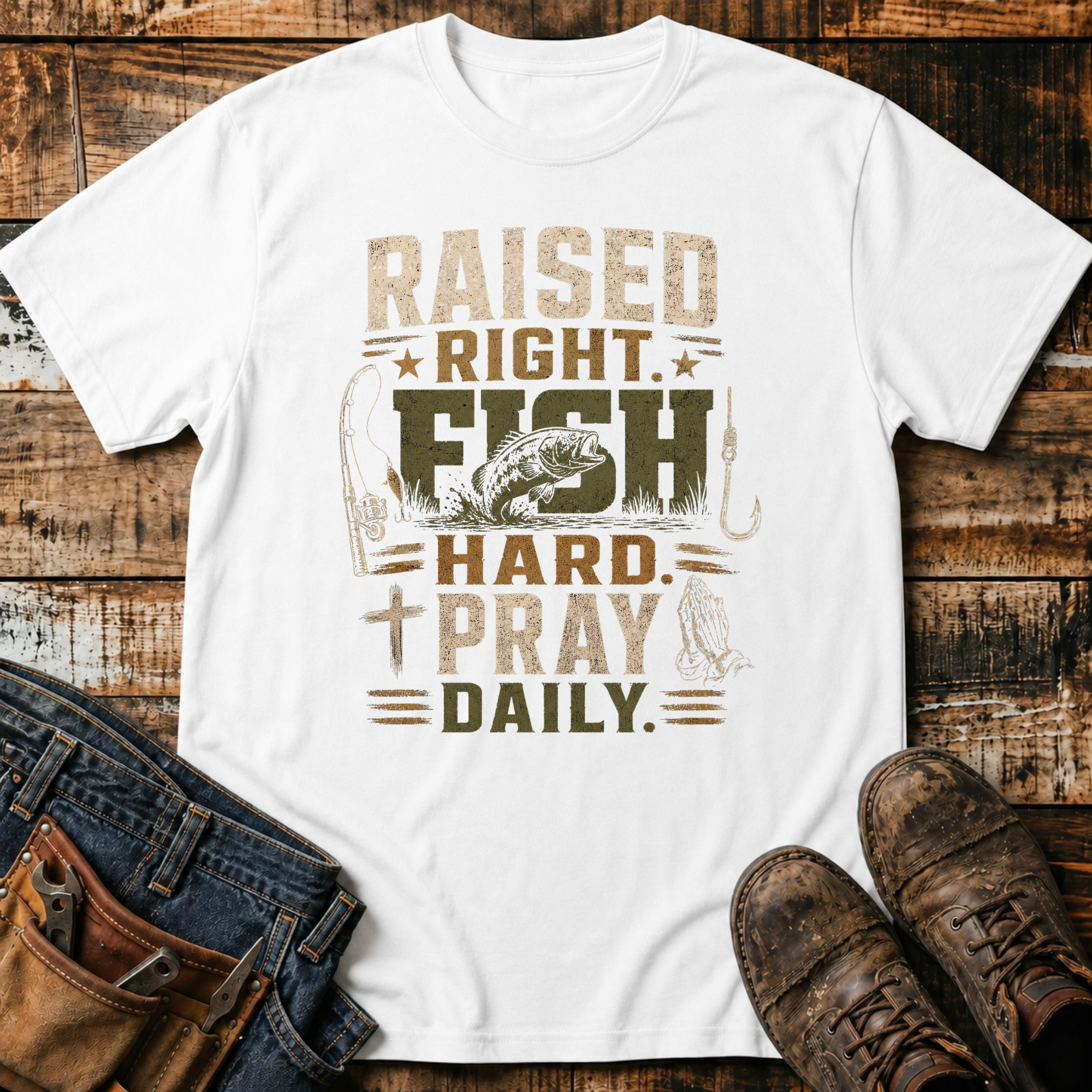 Raised Right. Fish Hard. Pray Daily. T-Shirt