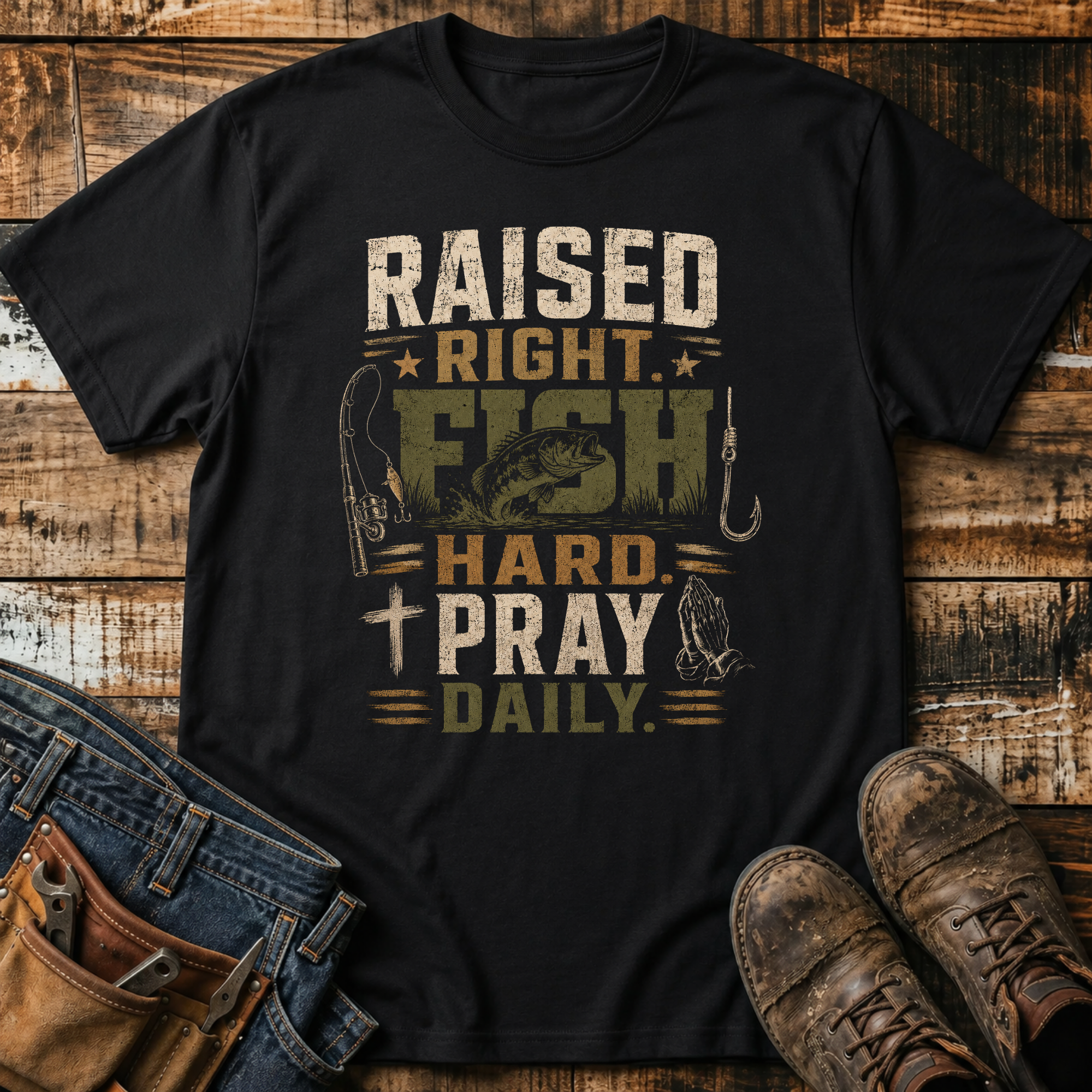Raised Right. Fish Hard. Pray Daily. T-Shirt