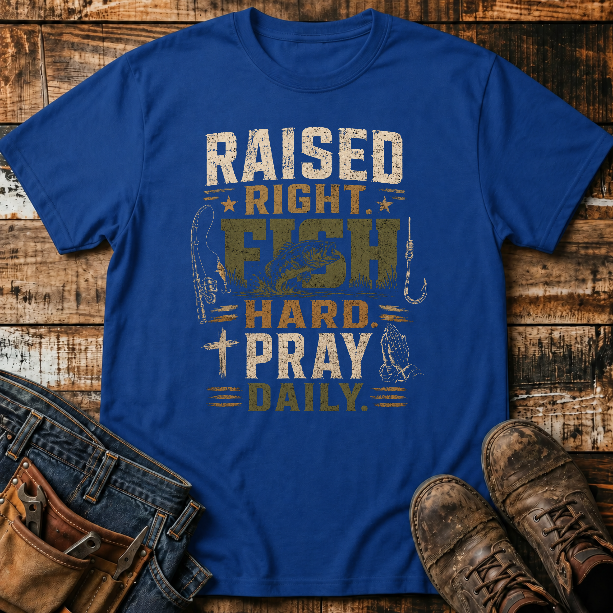 Raised Right. Fish Hard. Pray Daily. T-Shirt