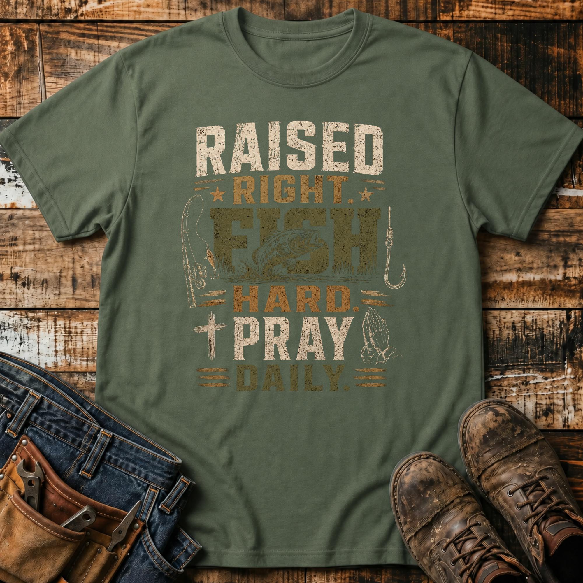 Raised Right. Fish Hard. Pray Daily. T-Shirt