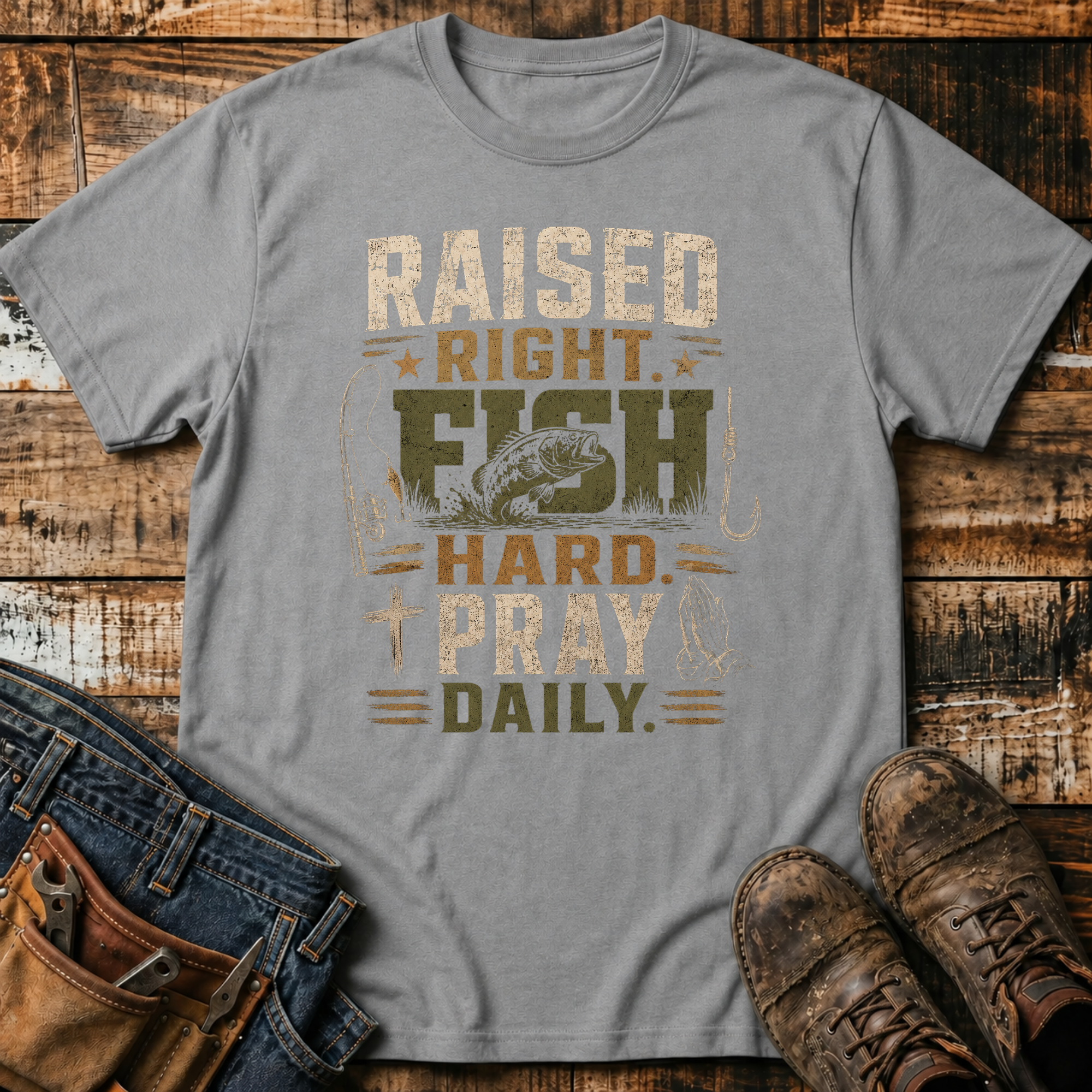 Raised Right. Fish Hard. Pray Daily. T-Shirt