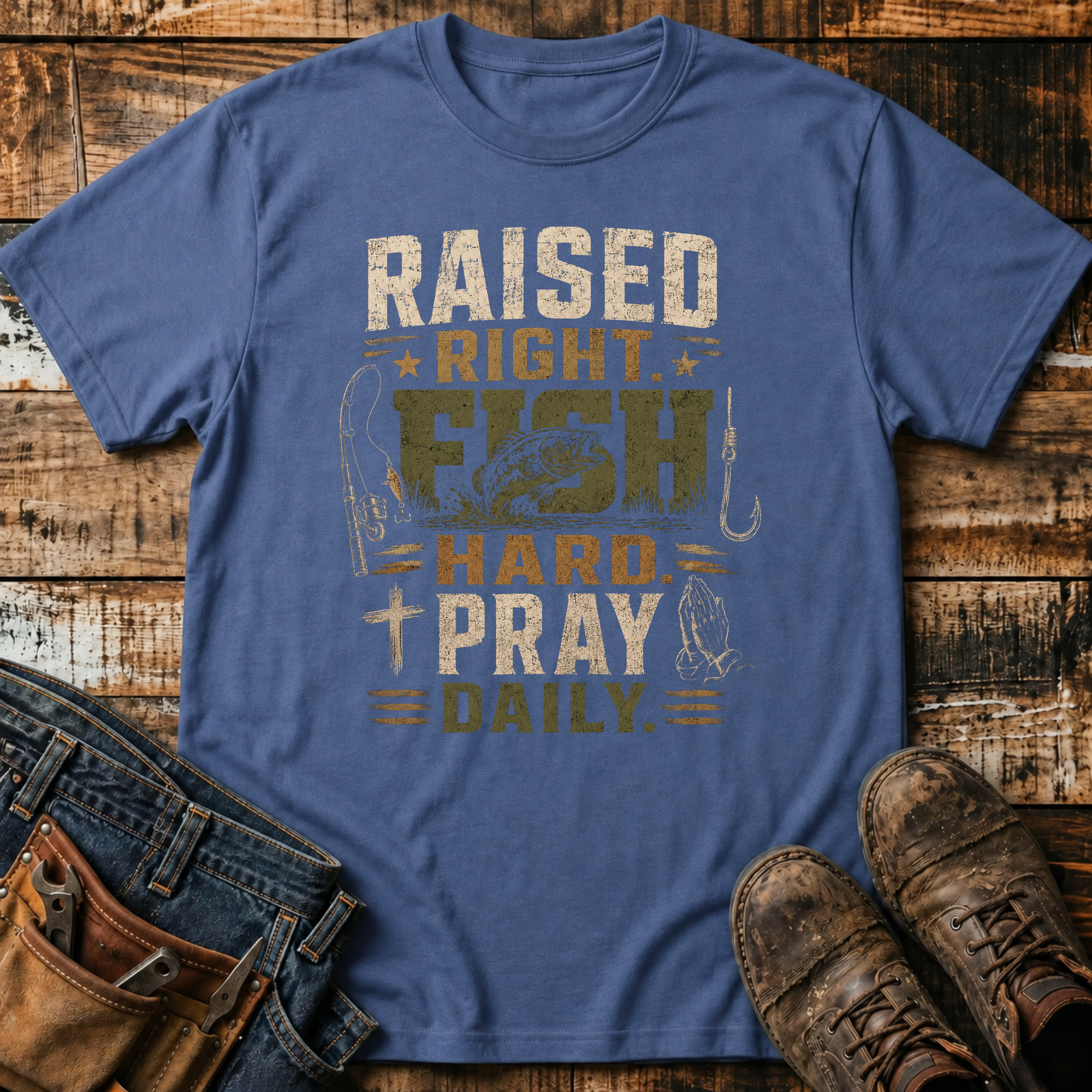 Raised Right. Fish Hard. Pray Daily. T-Shirt