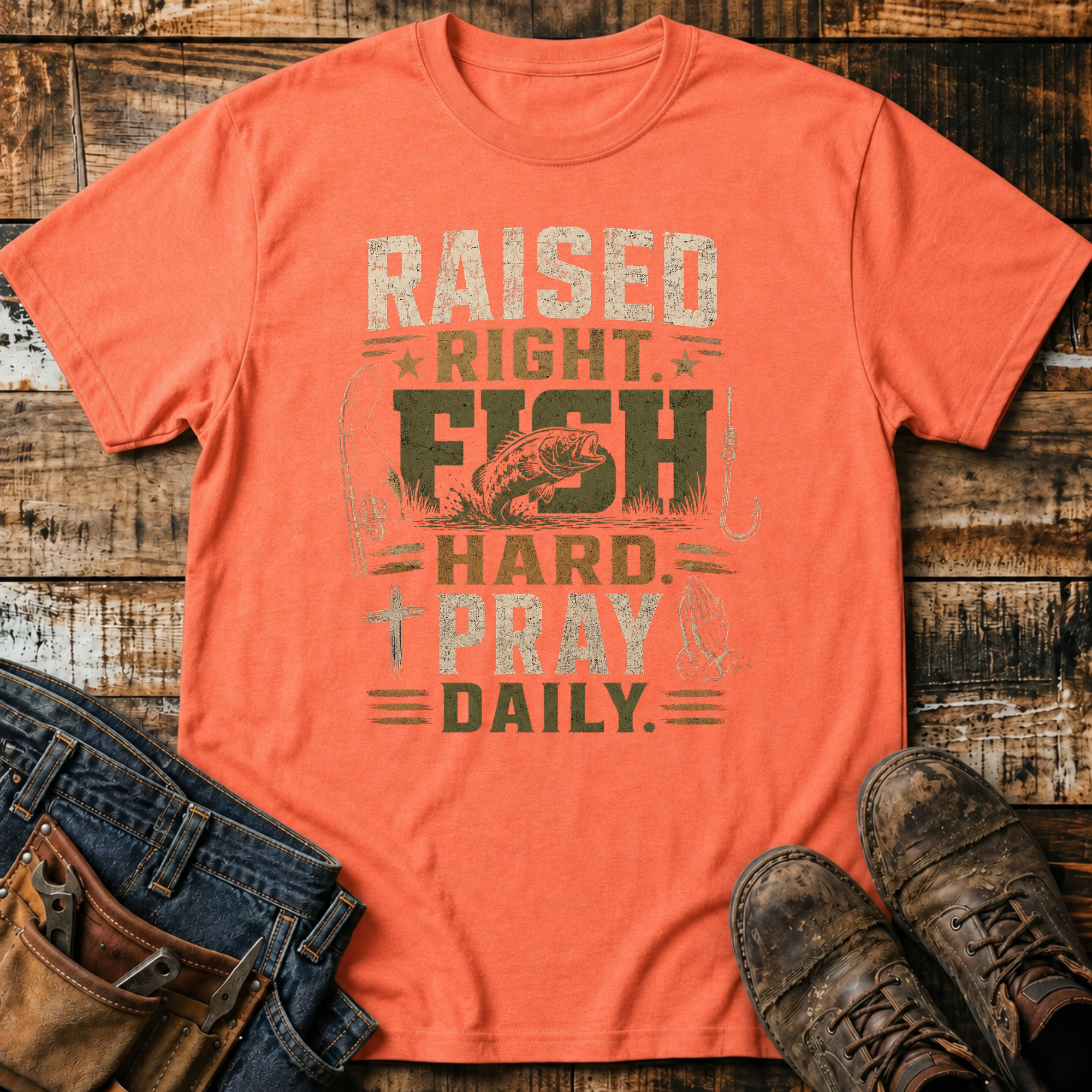 Raised Right. Fish Hard. Pray Daily. T-Shirt