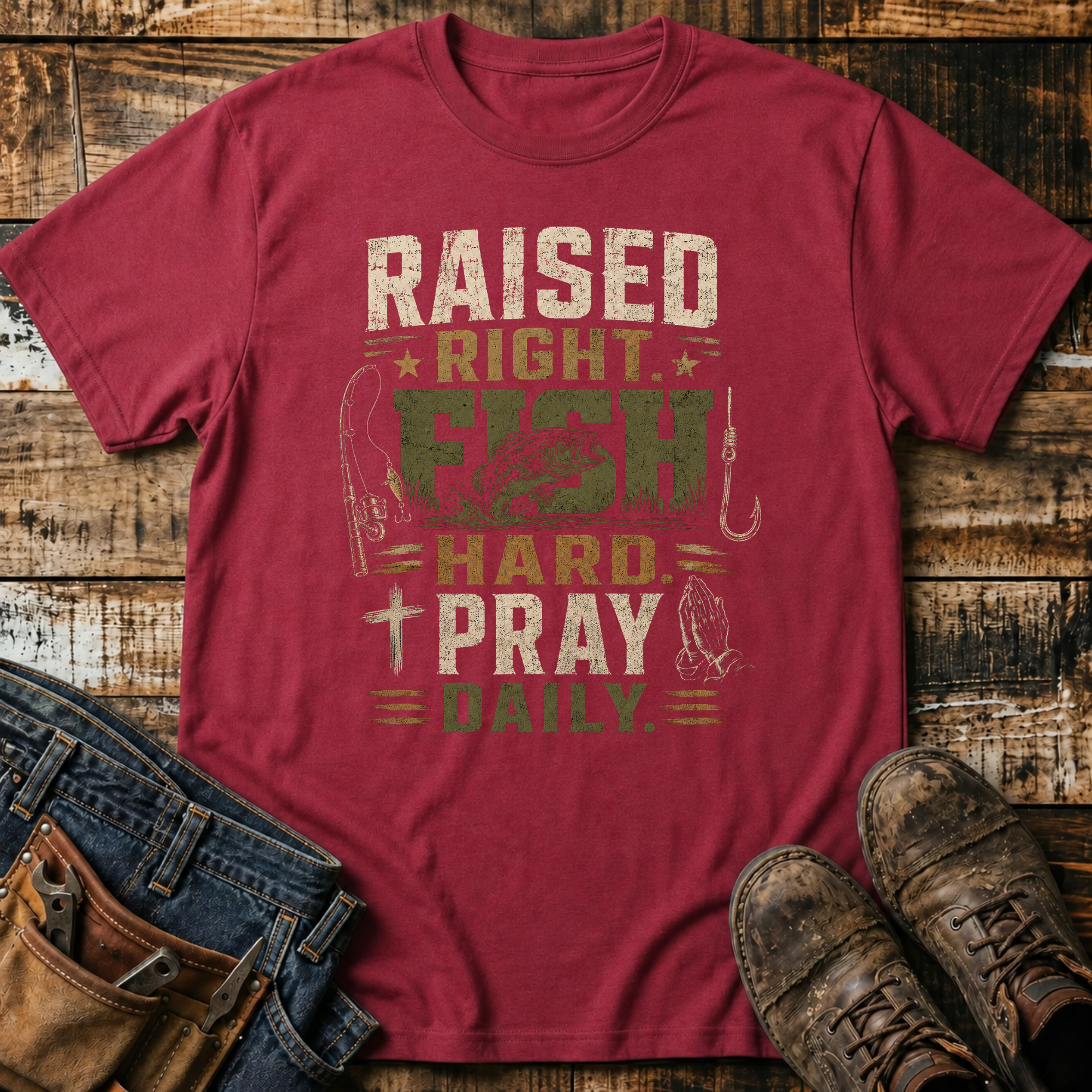 Raised Right. Fish Hard. Pray Daily. T-Shirt